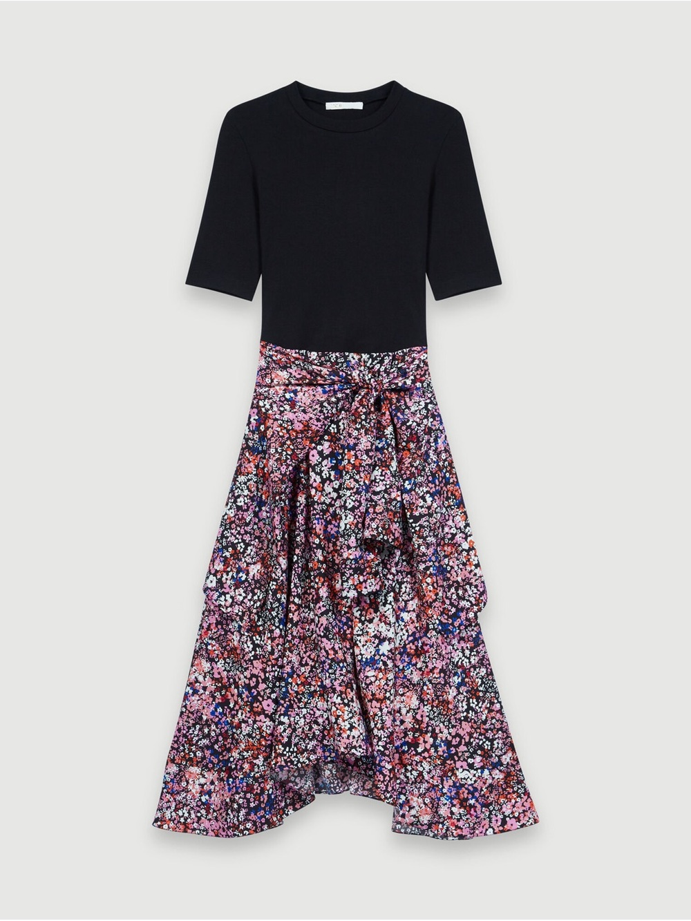 Maje Black Top with Multicolor Floral Midi Skirt